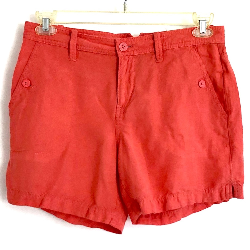 Calvin Klein Women’s Mid-Rise Linen Blend Midi Shorts, Coral Size 6